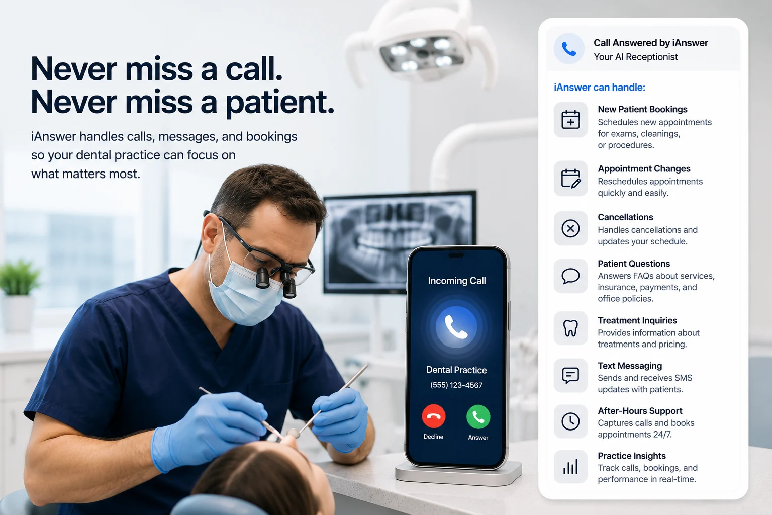 Dental professional with iAnswer handling calls, bookings, and patient questions